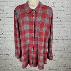 Soft Surroundings Red & Grey Check Stretch Button Up Long Sleeve Shirt Size PXL